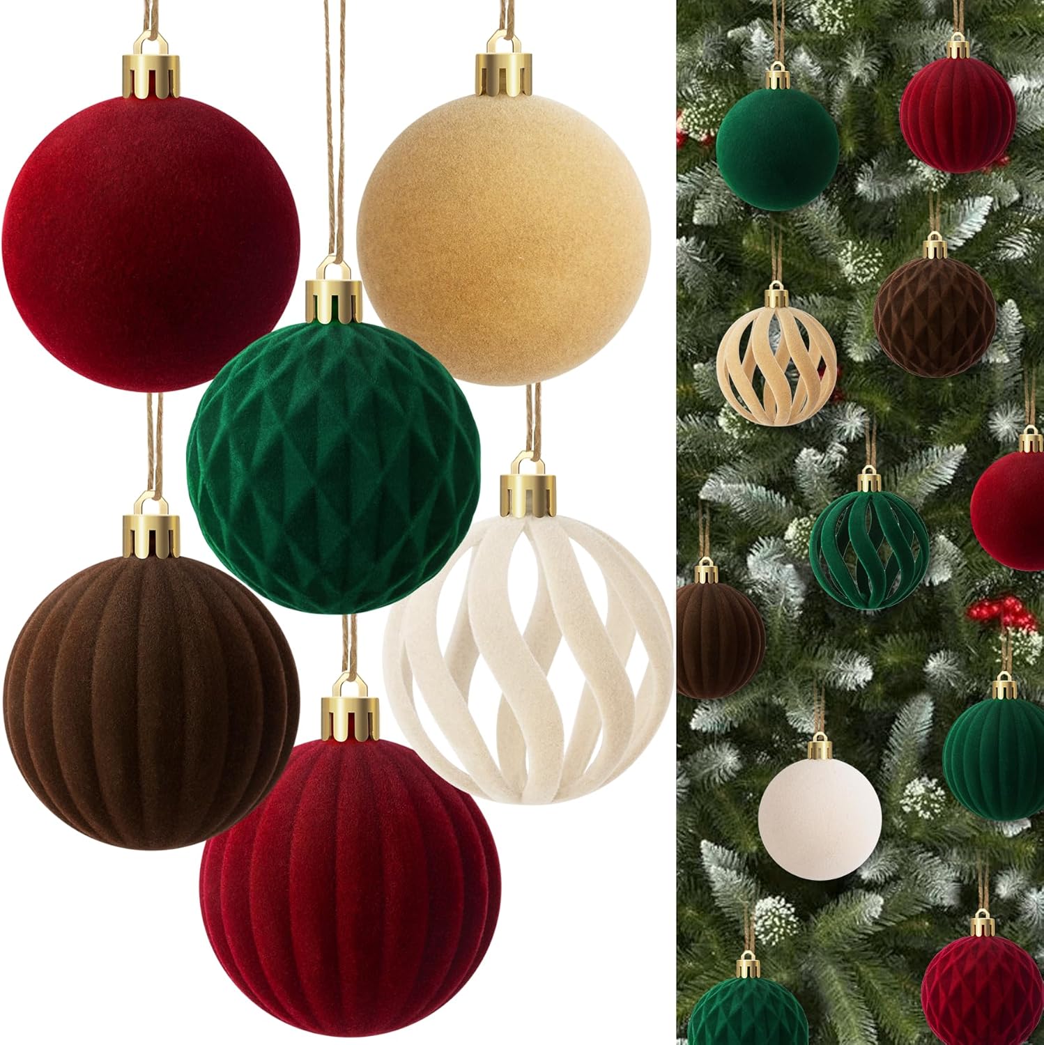 Ouddy Life 20 Pcs Velvet Christmas Ornaments Balls, 2.75 Inch Flocked Velvet Farmhouse Ornaments for Christmas Tree, Rustic Shatterproof Multicolor Hanging Xmas Decorations Set for Home Holiday Party